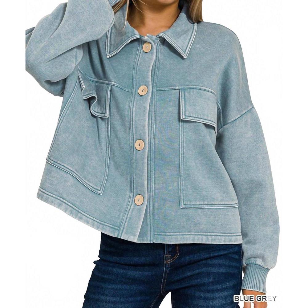NEW ZENANA acid wash fleece cropped shacket with front pockets in blue grey